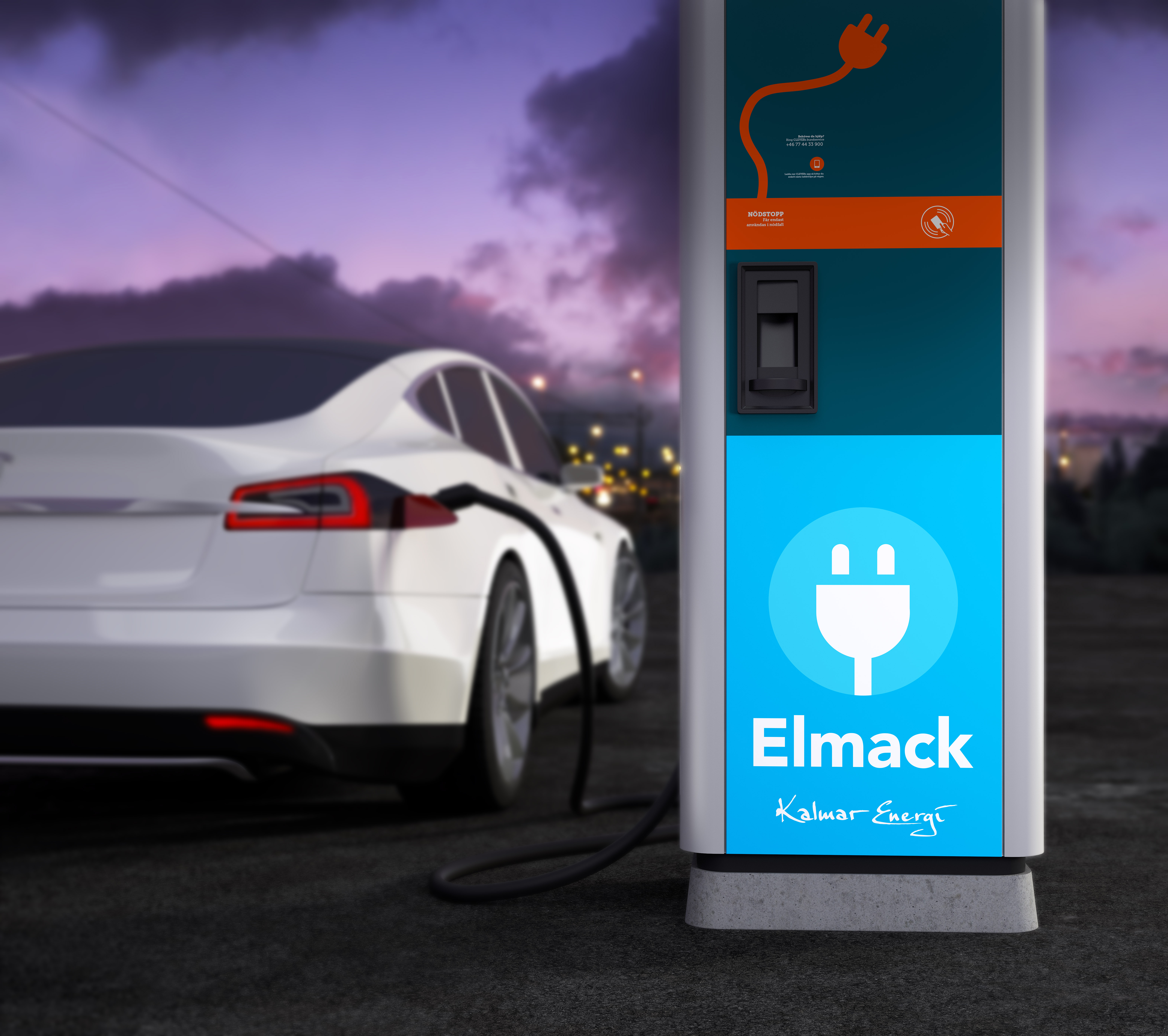 Elbil som laddas på elmack