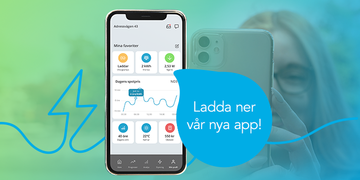 Tjej med en mobil, mockup på vår app.
