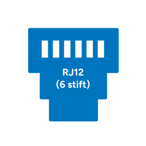 Blå illustration på en HAN-kontakt med RJ12-anslutning och sex vita stift.