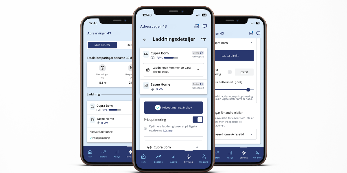 Skärmvyer från Kalmar Energis app som visar styrning och smart laddning.