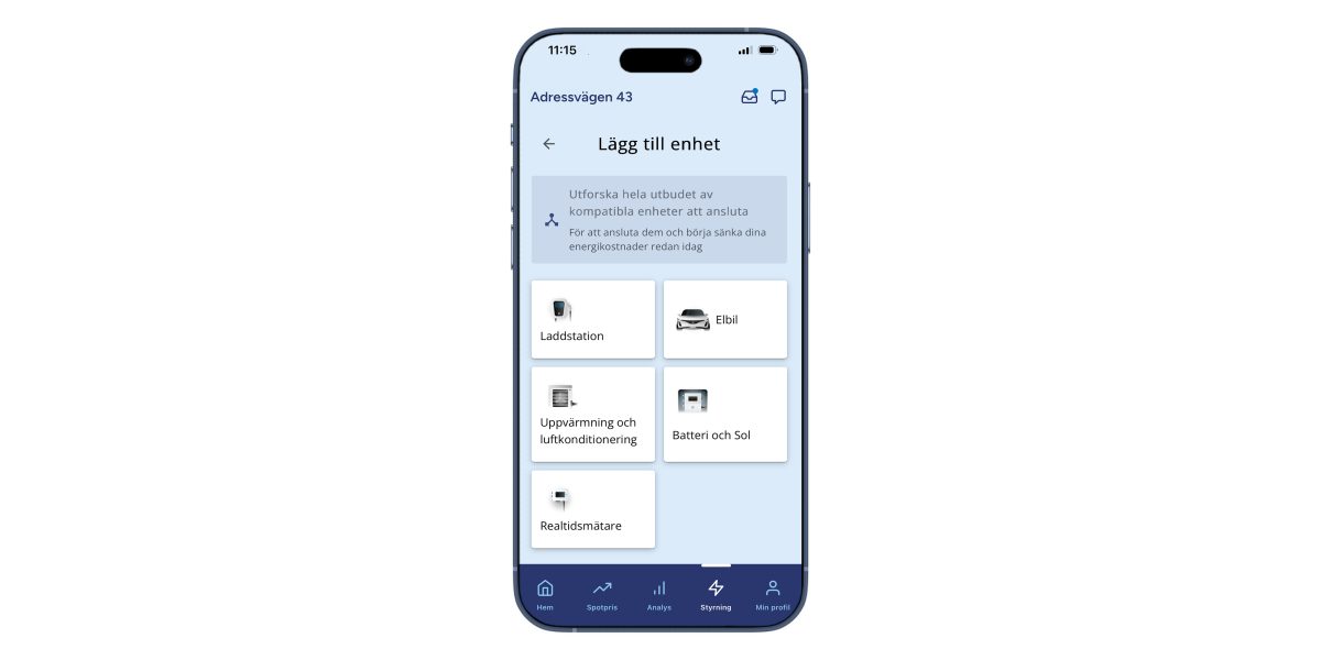 Smartphone med Kalmar Energis app som visar menyn ’Lägg till enhet’, med val för bland annat laddstation, elbil, uppvärmning, batteri och sol samt smart realtidsmätare.