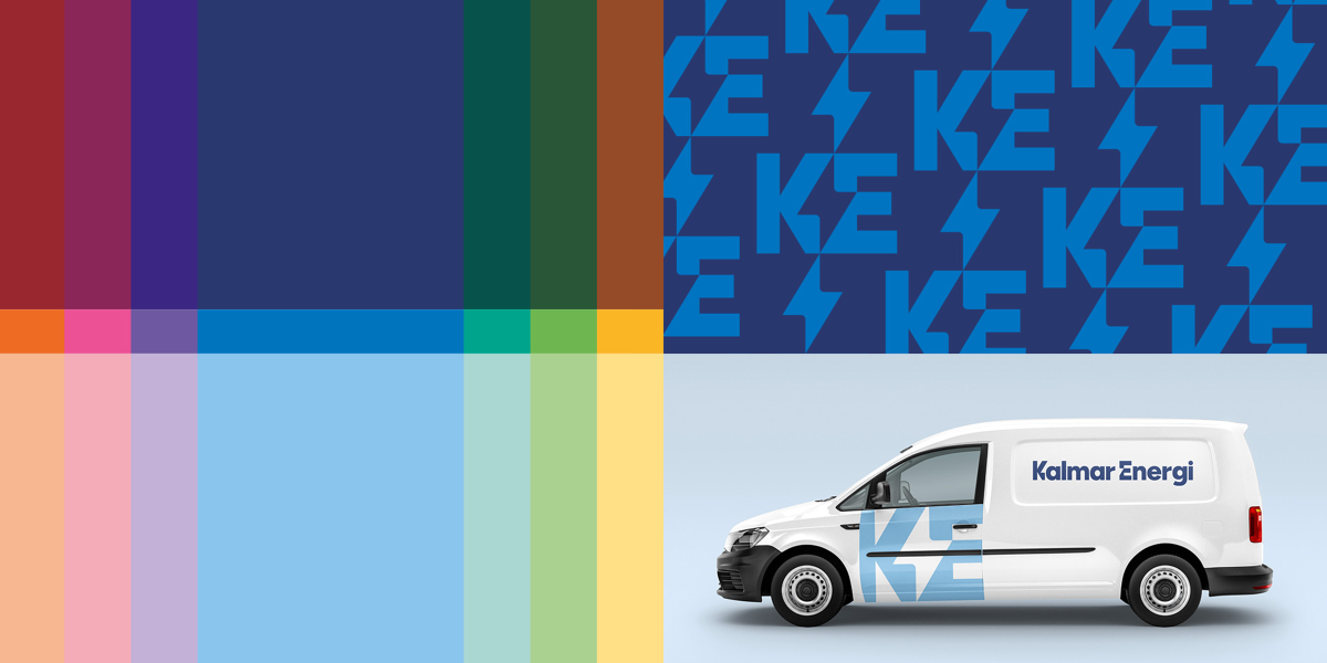 Ny grafisk profil, exempelbilder på färgpalett, mönster och verksamhetsbilar.
