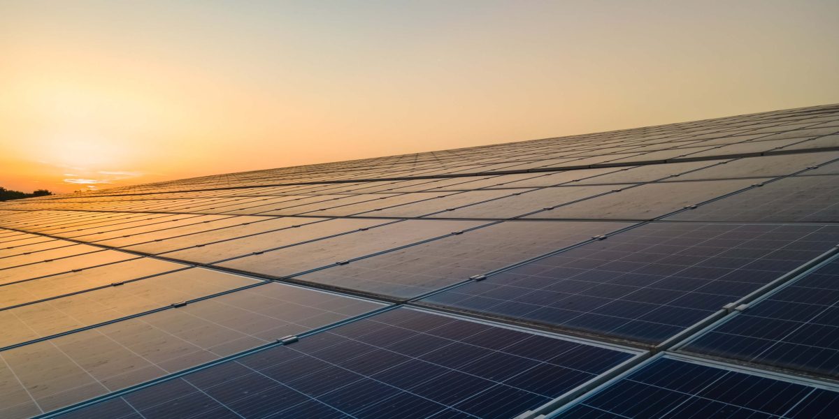 Solpark i kvällsljus, med solen lågt över horisonten som reflekteras i solpanelerna.